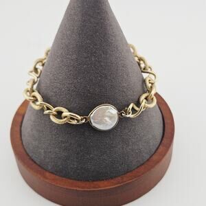 Gold Tone Chunky Chain Toggle Bracelet Pearlescent Center Pendant Beachy Mermaid
